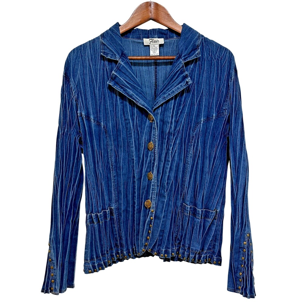 Flair Denim Jacket Womens XL Blue Studded Pleated Crinkle Unique Lagenlook Vtg